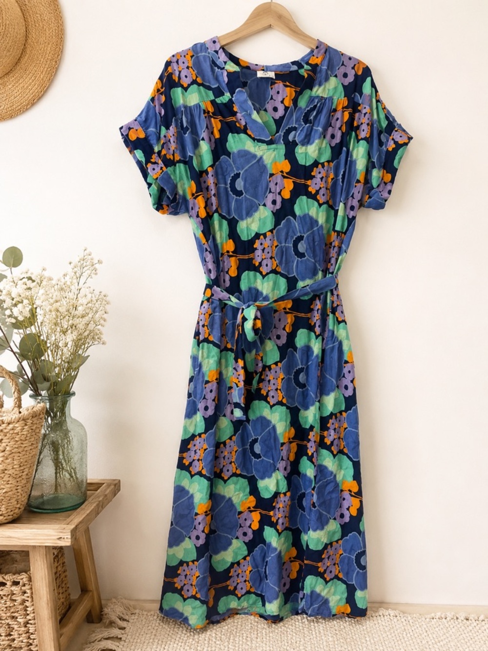 ME & B Blue Floral Belted Maxi Dress Size 38 Fits US L/XL